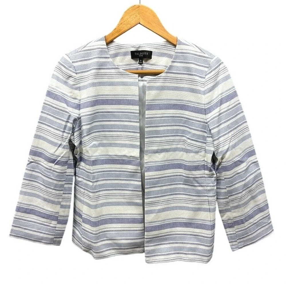 Talbots Biscay Open-Front Jacket Women's 8P Blue White Striped Blazer Office - Picture 2 of 10